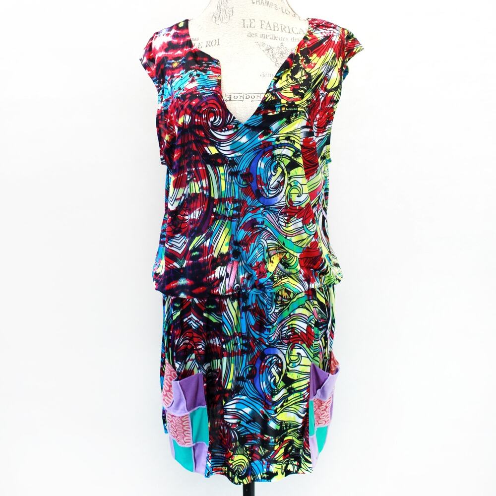 Custo Barcelona Designed Abstract Print Pockets XS Sheath Dress Art Resort